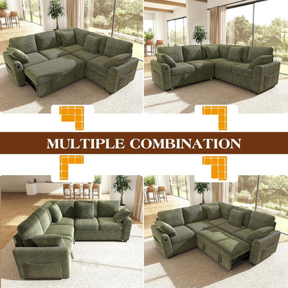 83-Inch 5-Seater Large Sectional Sofa Bed with Storage, Corduroy Reversible Modular Sleeper Sofa with USB Port & 4 Pillows, Convertible L-Shaped Couch for Living Room（Green）8