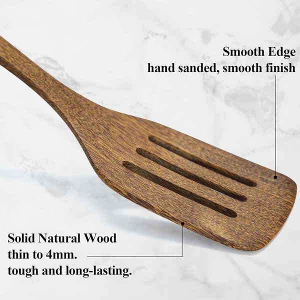 Wooden Spatula for Cooking 12 Inches Wood Spatula Slotted Turner Cooking Utensils for Nonstick Cookware, Kitchen Spatulas for Fish, Eggs, Pancakes, 2 Pack2