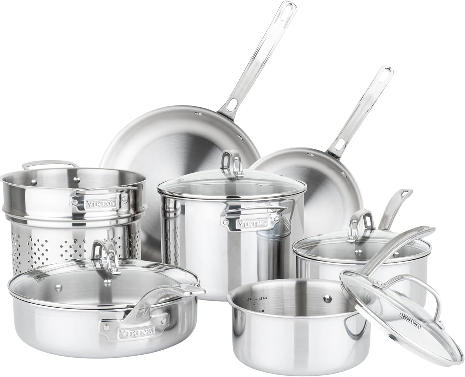 viking-artisan-3-ply-stainless-steel-11-piece-cookware-set-with-vented-glass-lids-fry-pans-saucepans-saute-pan-stock-pot-with-strainer-insert-oven-safe-up-to-600f
