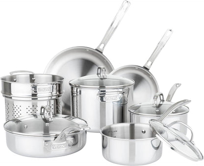 Viking Artisan 3-Ply Stainless Steel 11-Piece Cookware Set with Vented Glass Lids, Fry Pans, Saucepans, Saute Pan, Stock Pot with Strainer Insert, Oven Safe up to 600F1
