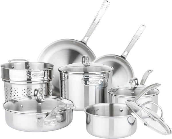 Viking Artisan 3-Ply Stainless Steel 11-Piece Cookware Set with Vented Glass Lids, Fry Pans, Saucepans, Saute Pan, Stock Pot with Strainer Insert, Oven Safe up to 600F1