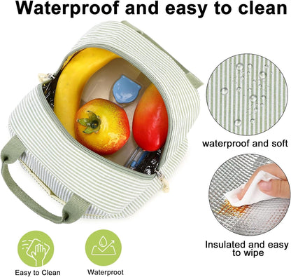 Lunch Box for Women Cute Lunch Bag Reusable Insulated Lunch Bags Large Capacity Lunchbox Cooler for Work Picnic or Travel Gifts (A Sage Green White Stripes, 10 X 7.5 X 8 Inches)5