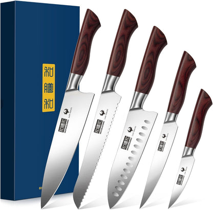 5PCS Japanese Kitchen Knife Set, Sharp Chef Knives & Wood Handle | Professional Ultra Sharp High-Carbon Stainless Steel Cooking Knife Set with Ergonomic Wood Handle, Elegant Box for Home Gift1