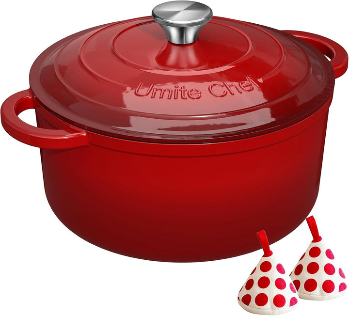Enameled Cast Iron Dutch Oven -  5QT Pot with Lid & Cotton Potholders - Heavy-Duty Cookware for Bread Baking, Braising, Stews, Roasting(Red)