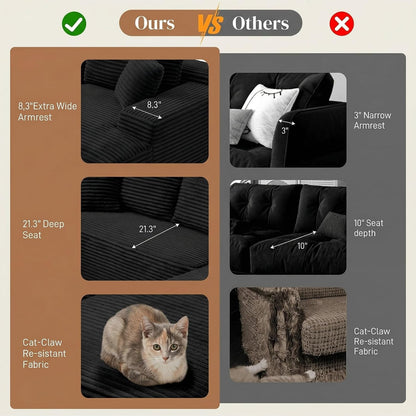 95" L Shaped Cloud Boneless Sectional Couches for Living Room, Modern Comfy Modular Deep Seat Memory Foam Compressed Corduroy Sofa Oversized Right Facing Chaise, No Assembly Required, Balck5