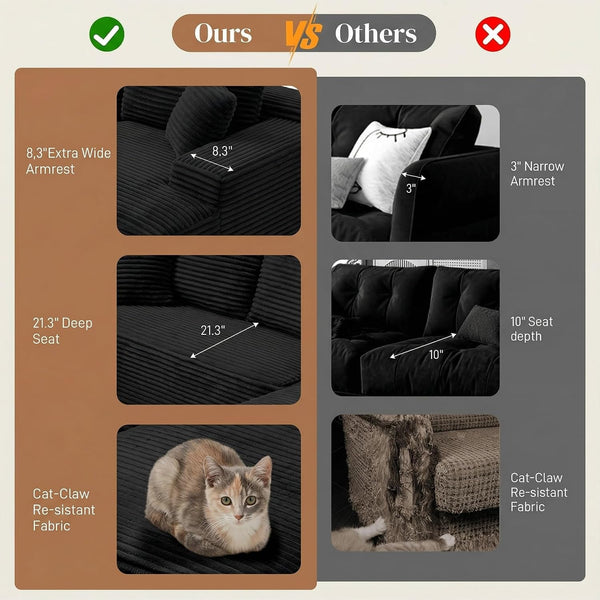 95" L Shaped Cloud Boneless Sectional Couches for Living Room, Modern Comfy Modular Deep Seat Memory Foam Compressed Corduroy Sofa Oversized Right Facing Chaise, No Assembly Required, Balck5