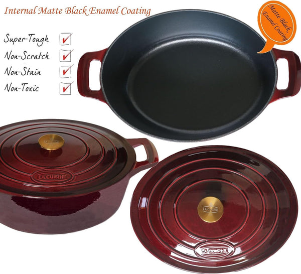 La Cuisine Enameled Cast Iron Oval Dutch Oven Casserole Dish Pot with Lid 5 QT Internal Matt Black Enamel Coating, Cranberry, Gold-Plated Stainless Steel Lid Handle, Oven Safe3