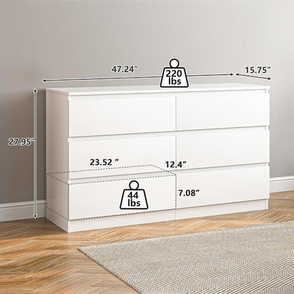 White Dresser 6 Drawer, Modern Double Dresser for Bedroom, Wood Chest of Drawers with Wide Storage for Living Room3