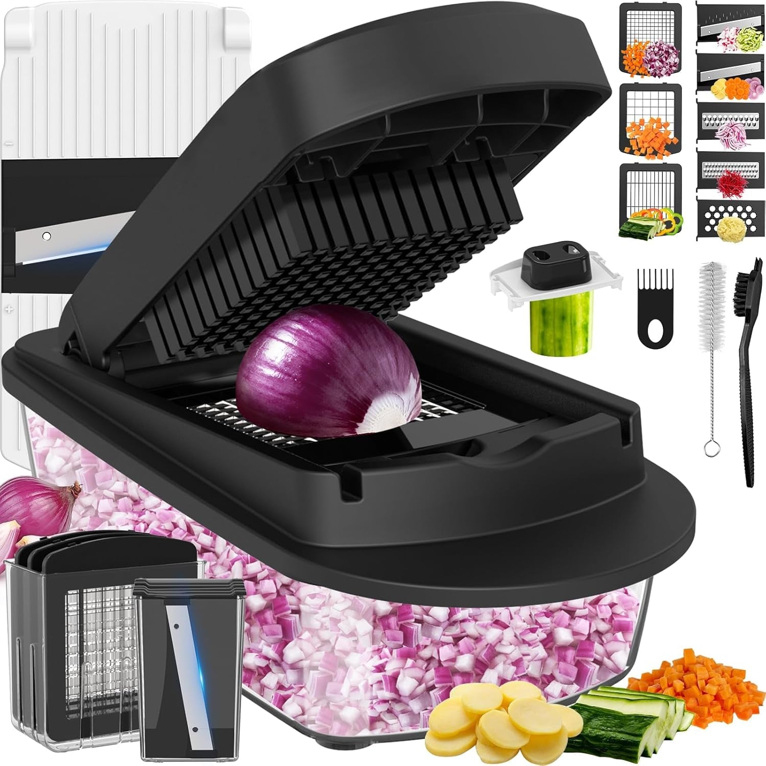 8-blade-cook-tool-gadget-sets-chopper-slicer-grater-set-black-vegetable-chopper-mandoline-slicer-food-grater-with-container-for-onion-veggie-salad