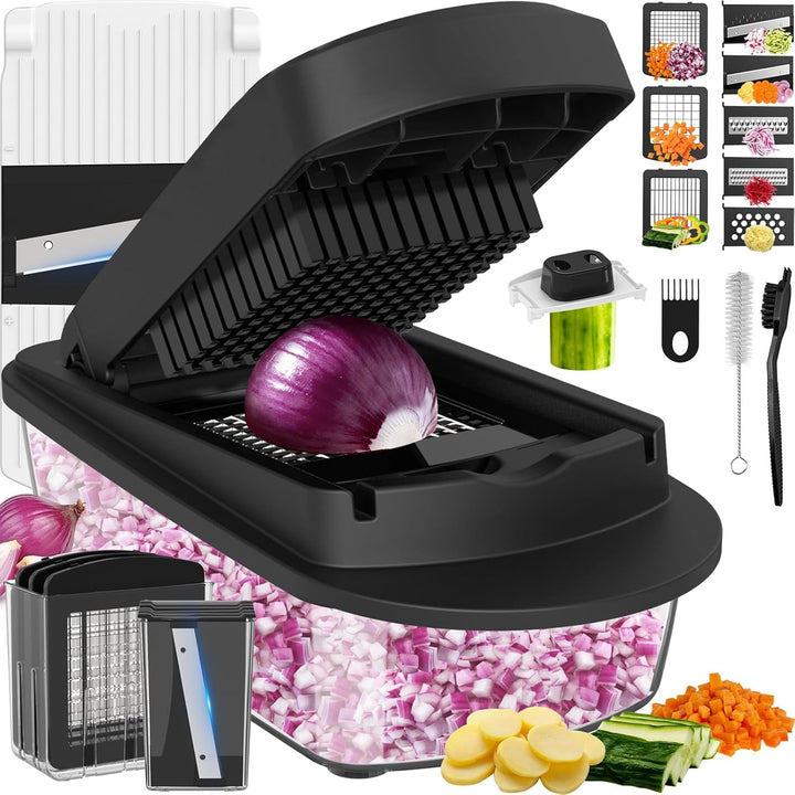 8-Blade Cook Tool & Gadget Sets, Chopper Slicer Grater Set, Black | Vegetable Chopper Mandoline Slicer Food Grater with Container for Onion, Veggie Salad