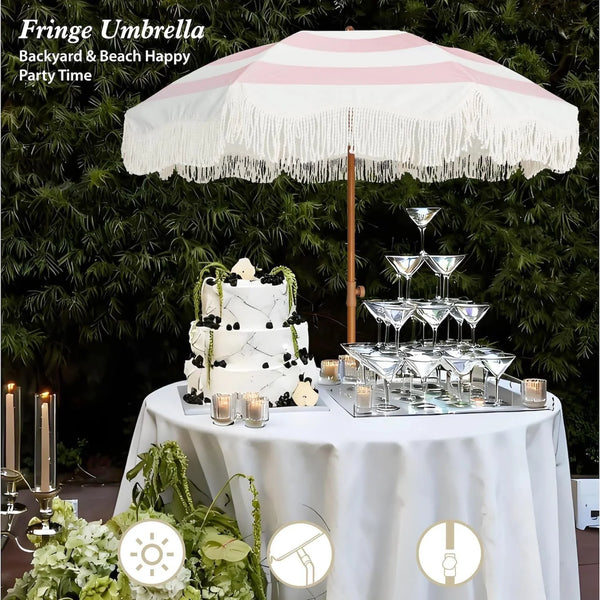 Boho Fringe Umbrella, 6.5Ft Outdoor Umbrella with Tassel | Boho Chic Style, UPF 50+ Sun Protection, Steel Pole, Push Button Tilt, Easy to Set Up, for Party Picnic Beach, Green Stripe5