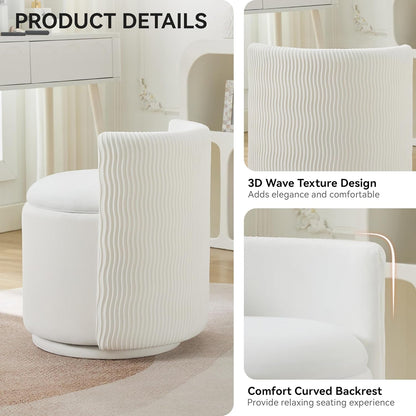 Velvet Vanity Chair with Storage, 360° Swivel Makeup Chair with Wave Back, No Assembly Small Accent Stool for Bedroom, Dressing, Living Room, White3