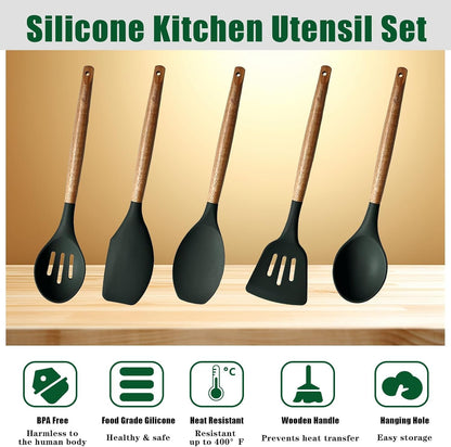 Non-Stick Silicone Cooking Utensils Set with Natural Acacia Hard Wood Handle, 5 Piece, High Heat Resistant (Green)2