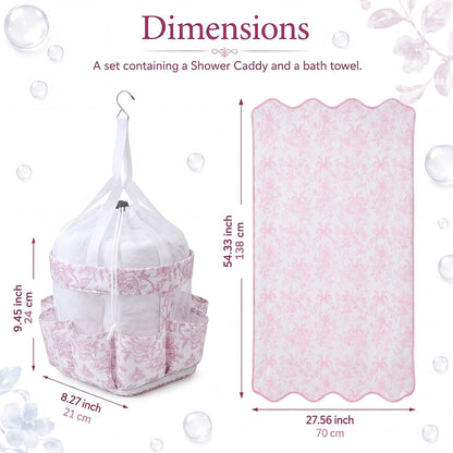 2 Pcs College Dorm Shower Caddy and Bath Towels Set,Pink,White2