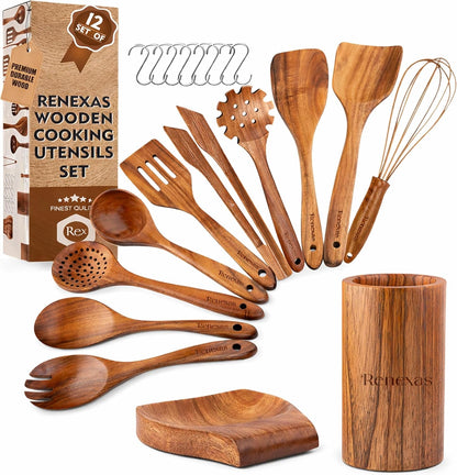 Kitchen Utensils Set, 12 Piece Teak Wooden Utensil Set for Cooking, Premium Teak Cooking Utensils, Non Toxic Wooden Spoons & Spatulas, Heat Resistant Kitchen Tools for Nonstick Cookware1