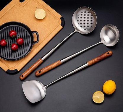 Wok Spatula and Ladle,Skimmer Ladle Tool Set, 17Inches Spatula for Wok, 304 Stainless Steel Cooking Utensils3