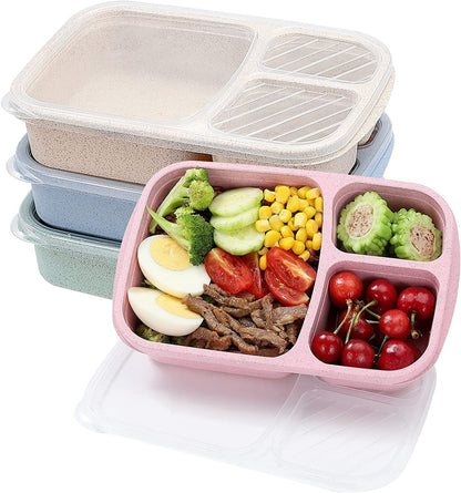 4 Pack Bento Lunch Box Set 3 Compartment Food Storage Containers Wheat Straw Meal Prep Lunch Box Plastic Food Storage Containers, Microwave and Dishwasher Safe (Light Colour)1