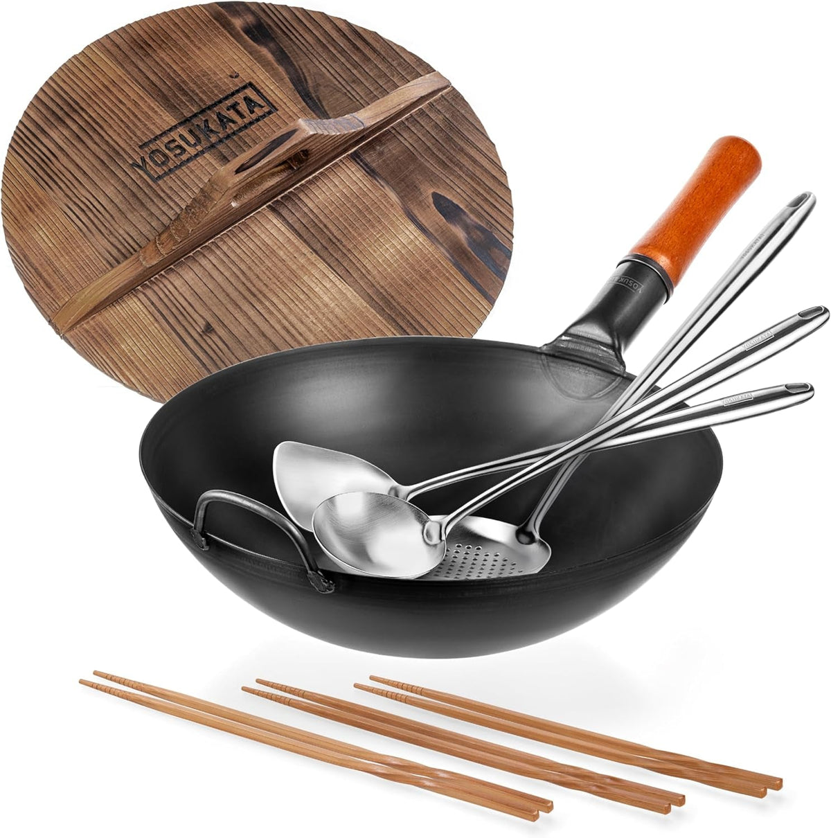 carbon-steel-wok-pan-13-5-stir-fry-pans-wooden-wok-lid-13-5-17-spatula-and-ladle-skimmer-natural-wooden-long-cooking-chopsticks-set-of-3