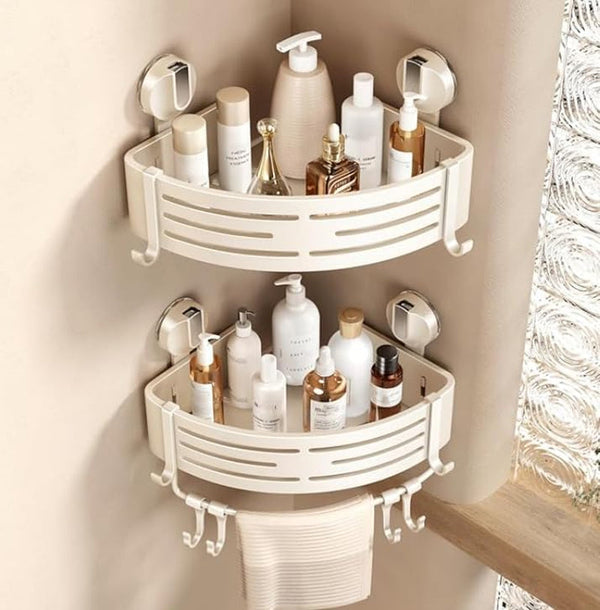 Corner Shower Caddy Suction Cup Shower Shelf Corner No Drilling Bathroom Shower Organizer Storage Rack Adhesive with Towel Bar Hooks(2-Pack, Ivory)1