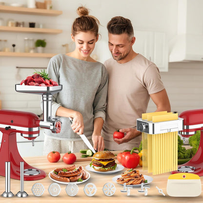 Meat Grinder Pasta Maker Attachment for Kitchenaid Stand Mixers,Set for Kitchenaid Mixer Attachments Includes Metal Food Grinder with Sausage Stuffer Tubes,3 in 1 Pasta Attachment,Dough Cutter2