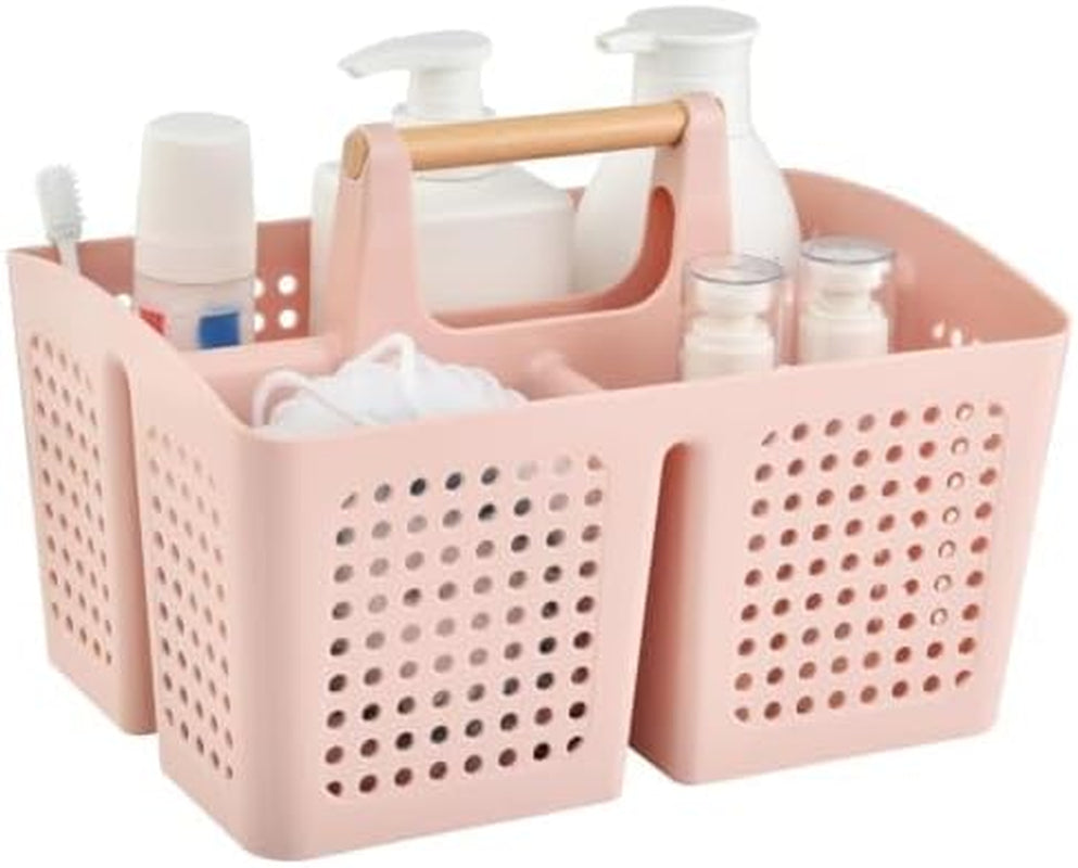 portable-shower-caddy-basket-with-3-compartments-and-handle-pink
