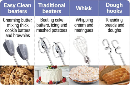 6-Speed Electric Hand Mixer with Easy Clean Beaters | Traditional Beaters | Dough Hooks | Whisk | Snap-On Storage Case | 275 Watt Motor | White | 62636J9
