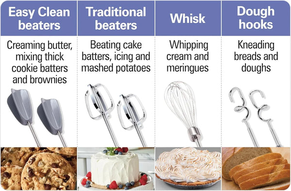 6-Speed Electric Hand Mixer with Easy Clean Beaters | Traditional Beaters | Dough Hooks | Whisk | Snap-On Storage Case | 275 Watt Motor | White | 62636J9