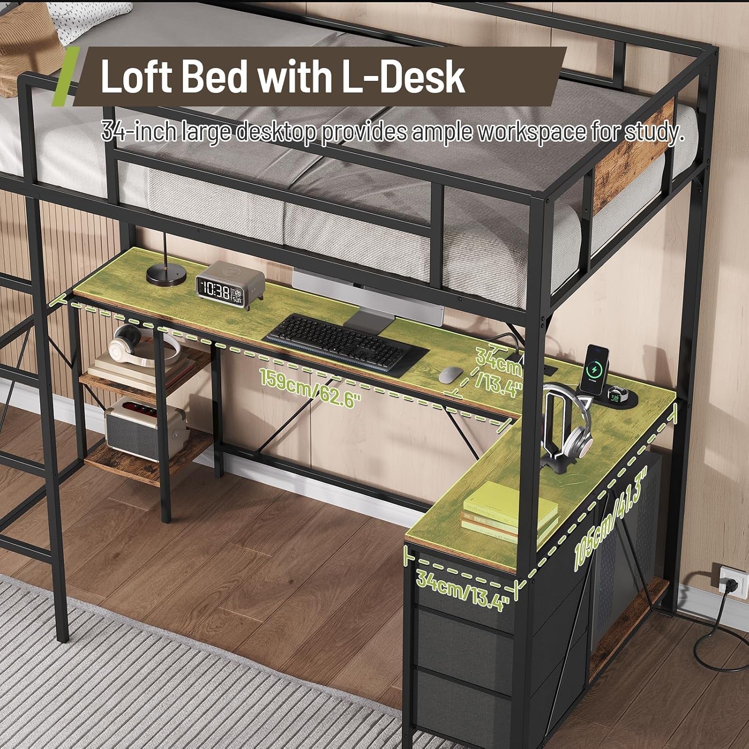 twin-size-loft-bed-with-l-shaped-desk-3-storage-drawers-charging-station-metal-kids-loft-bed-frame-with-led-light-ladder-open-storage-shelves-no-box-spring-needed-rustic-brown-black