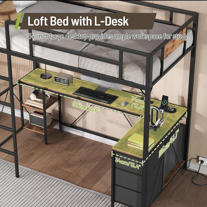 Twin Size Loft Bed with L-Shaped Desk, 3 Storage Drawers, Charging Station, Metal Kids Loft Bed Frame with LED Light & Ladder, Open Storage Shelves, No Box Spring Needed, Rustic Brown & Black4