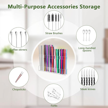 9.5" Large Acrylic Straw Holder for Cabinet Door - Reusable Tumbler Straw Organizer Storage, Small Kitchen Accessories Container, Ultra Sticky Cupboard Door Mounted (Transparent)6