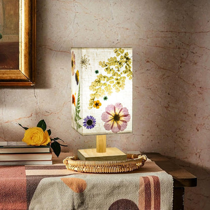 Dried Flowers Table Lamp 5W LED 3Color Temperatures Pressed Flower Bedside Lamp Square Linen Shade with Wood Base for Bedroom Living Room11