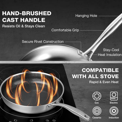 12Inch Frying Pan with Lid Ceramic Nonstick Stainless Steel Skillet | 5-Ply Stainless Steel;Ceramic Nonstick for Metal Utensils;Oven Safe 500°F;PFAS PFOA Free;Cool-Touch Handle;All Stovetops7