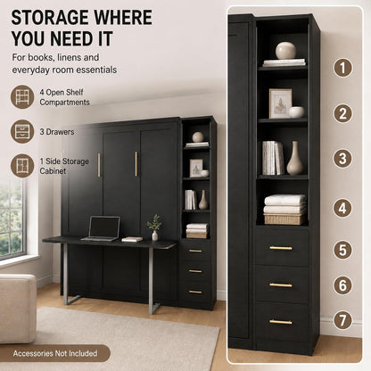 Black Queen Murphy Bed with Desk, 1 Storage Cabinet, 3 Drawers4