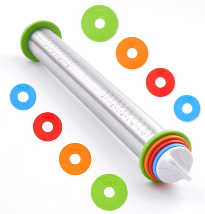 Rolling Pin with Thickness Rings,  17" Adjustable Stainless Steel Rolling Pins for Baking, Dough Roller for Fondant Pizza, Pie, Pasta, Cookies, Cakes, Kitchen Baking Supplies1
