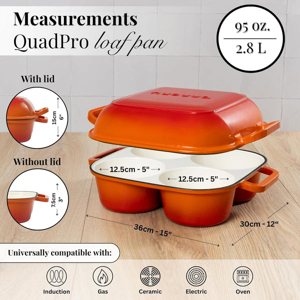 Quadpro Enamelled Cast Iron Bread Loaf Pot – Dutch Oven for Sourdough Bread Baking – 500°F Oven Safe Non Stick Bread Pot – 4 round Loaf Spaces (4.90-Inch Diameter), Orange – by3