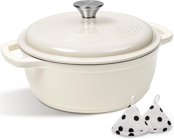 Enameled Cast Iron Dutch Oven Pot with Lid -  5QT Dutch Oven for Bread Baking with Cotton Potholders - Heavy-Duty Cookware for Braising, Stew, Roasting, Oven Safe up to 500°F, Cream White1