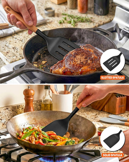 Cooking Utensils for Nonstick Cookwares, Bpa-Free Matte Silicone, Heat Resistant Large Solid & Slotted Spoons and Spatulas for Frying, Mixing,Serving,Turning and Stirring, Wooden Handle (Black)4
