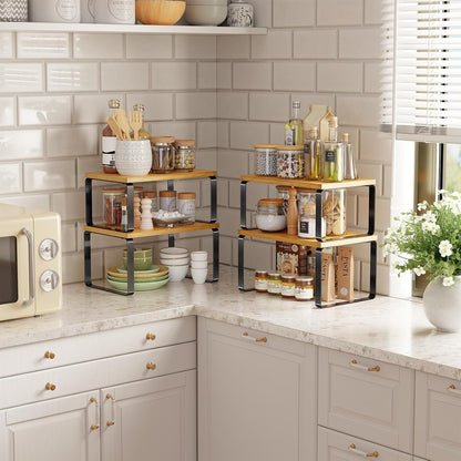 Bamboo Cabinet Organizer Shelf, Set of 2 Kitchen Counter Shelves, Stackable Expandable Spice Rack Kitchen Storage, Black and Natural Beige6
