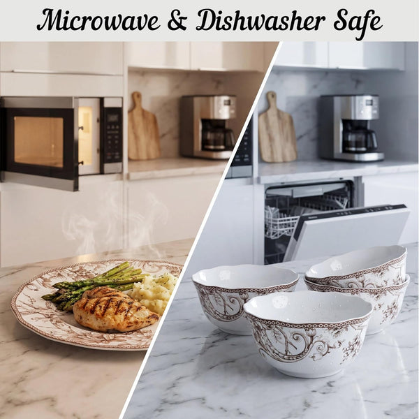 Adelaide Brown on White 12-Piece Dinnerware Set – Service for 4, Big Dinner Plates and Bowls Sets,Durable Porcelain, Microwave and Dishwasher Safe, for Everyday Dining & Entertainment4