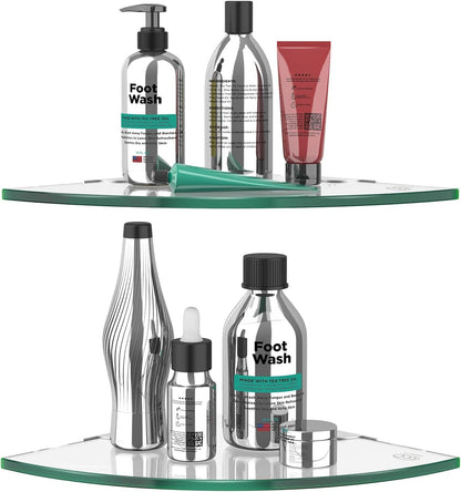 2 Tier Glass Corner Shelf Clear Shower Shelf Adhesive Shower Caddy Corner Organizer Thick Tempered Glass Bathroom Shelf Shampoo Holder for Shower Toilet Shelf Organizer 9.4" R1