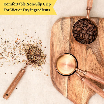 Copper Stainless Steel Measuring Cups and Spoons Set of 8, Wooden Handle with US and Metric Measurements7