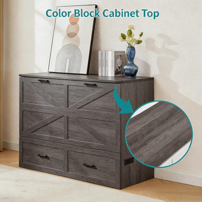 Murphy Bed, Full Farmhouse Cabinet with Charging & Storage, Rustic Grey6