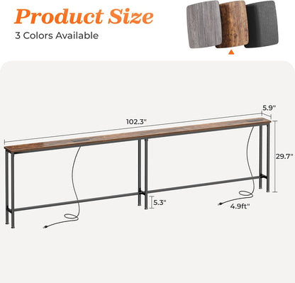 102 Inch Sofa Table with 2 Power Outlets and USB-C Ports | 5.9 Inch Narrow Console Table with Storage, Extra-Long, for Entryway Hallway Couch behind Sofa, Small Spaces, Rustic Brown3
