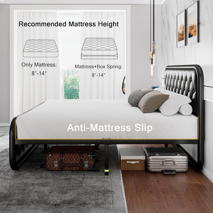 Full Size Metal Bed Frame with Button Tufted Leather Upholstered Headboard and Footboard, U-Shape Support Foundation, No Box Spring Required, Black8