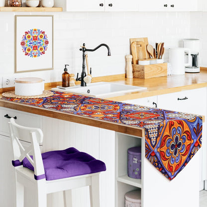 Mexican Talavera Ceramic Tile Pattern Linen Table Runners Dinner Table Setting Dresser Scarves Farmhouse Style for Party Holidays Home Kitchen Decoration (Talavera Colour, 13"X 71")7