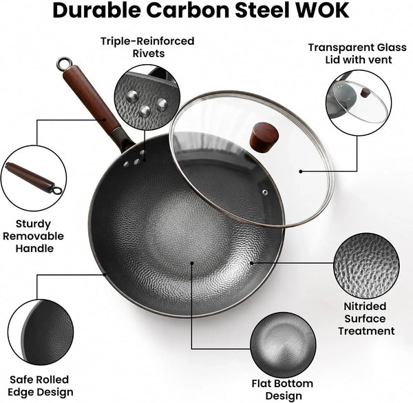 13 Inch Carbon Steel Wok with Lid, Large Flat Bottom Woks & Stir-Fry Pan | Large Chinese Wok Pan, 6.45QT, Nitrided Carbon Steel, No Chemical Coating, for All Stoves9