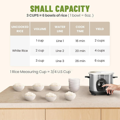 3-Cup Uncooked Rice Cooker Small - Ceramic Coating Non-Toxic Inner Pot, One-Touch Multifunction for Rice/Sauté/Yogurt, Dishwasher Safe, 1-3 People Size, Stainless Steel2