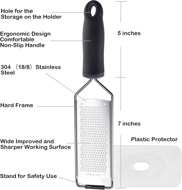 Wide Lemon Zester & Cheese Grater, 18/8 Stainless Steel with Cover, Black2