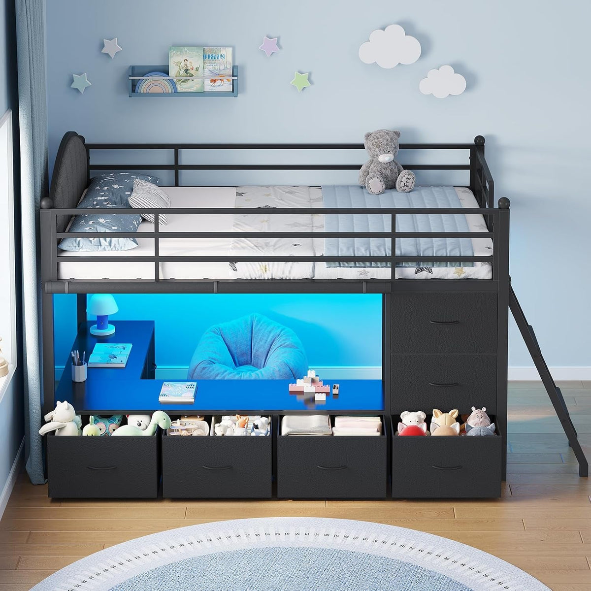 twin-loft-bed-with-8-storage-drawers-led-lights-upholsterd-headboard-inclined-ladder-play-curtain-kids-loft-bed-with-safety-guardrail-under-bed-play-area-black