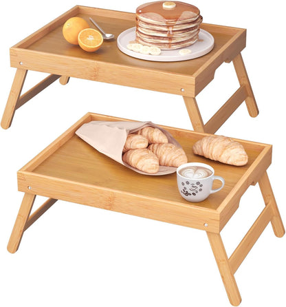 2 Pack Bamboo Bed Tray Table with Folding Legs,Breakfast Trays,Serving Tray for Food and Snack,Laptop Trays for Working(Natural)1